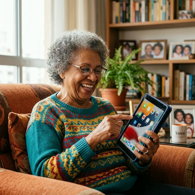 Senhora idosa sorrindo enquanto aprende a usar um tablet